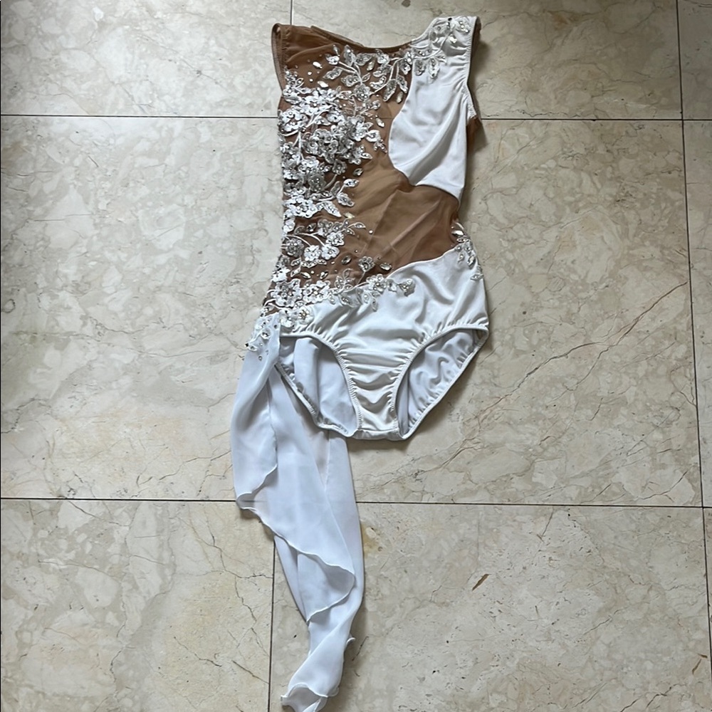 Women’s Dance Costume White and Tan Rhinestone Lace Leotard & Hairpiece